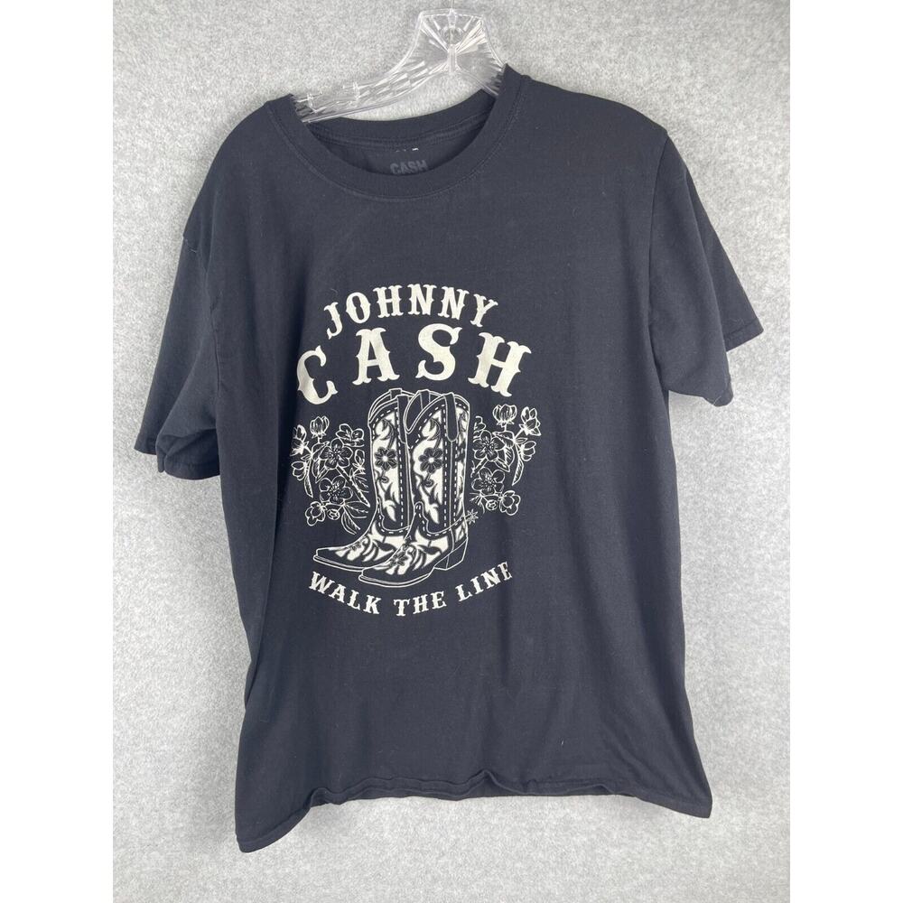 Johnny‎ Cash T Shirt Men's Size XL Black Walk the Line Boots & flowers Tee